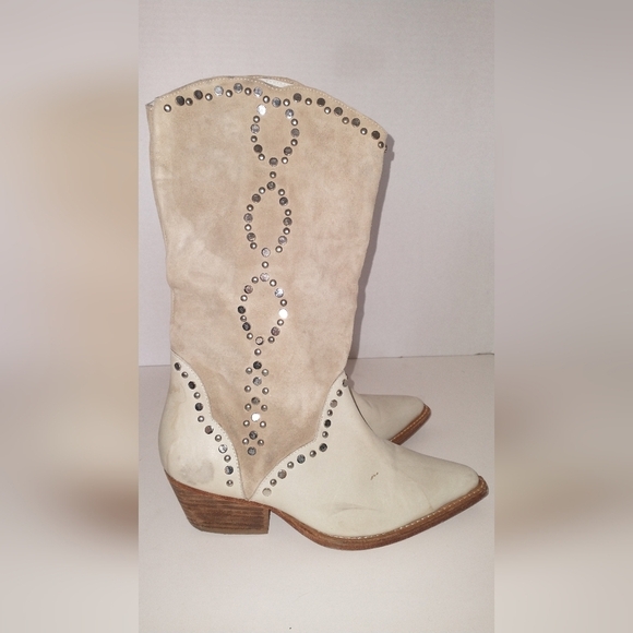 Free People Tan Western Studded Country Cowboy Boots Chappelle Roan Style 6.5 - Picture 7 of 16
